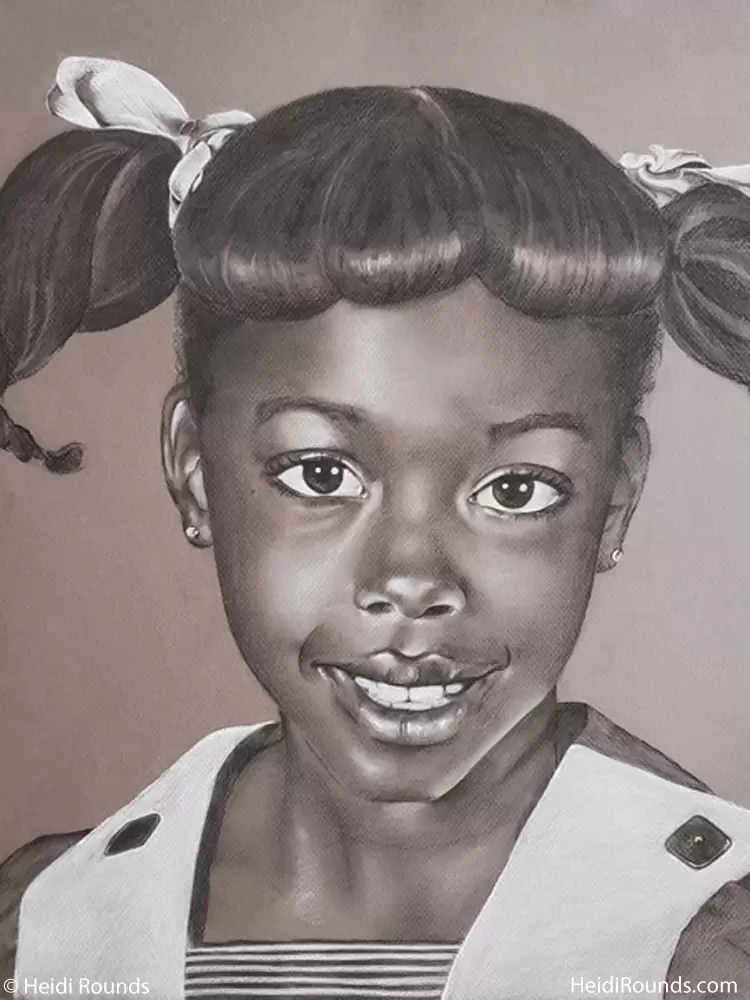 Commissioned child portrait drawing, charcoal/pastel on toned paper, little girl in pigtails, Heidi Rounds