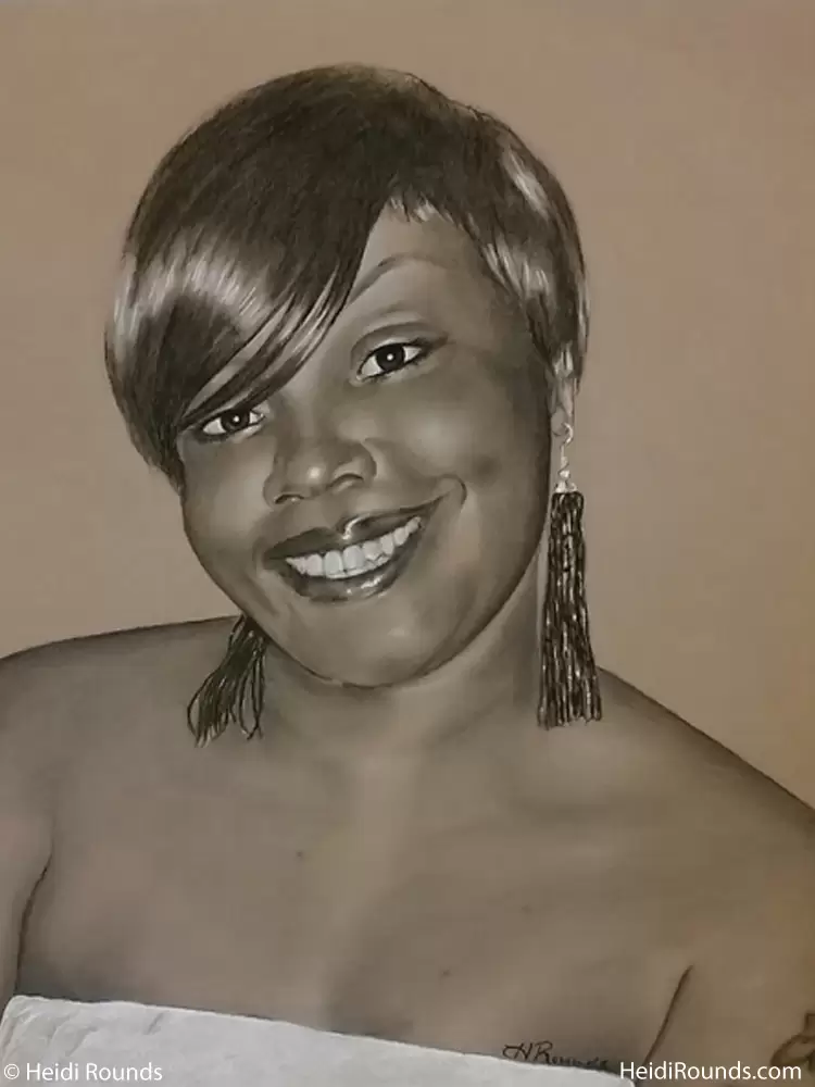 Commissioned portrait drawing, charcoal/pastel portrait drawing on toned paper, a woman smiling with earrings, Heidi Rounds