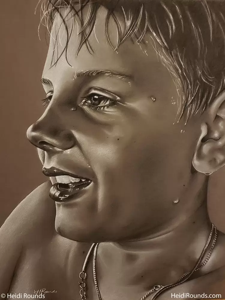 The Dare, charcoal/pastel portrait drawing on toned paper, a wet boy smiling, Heidi Rounds