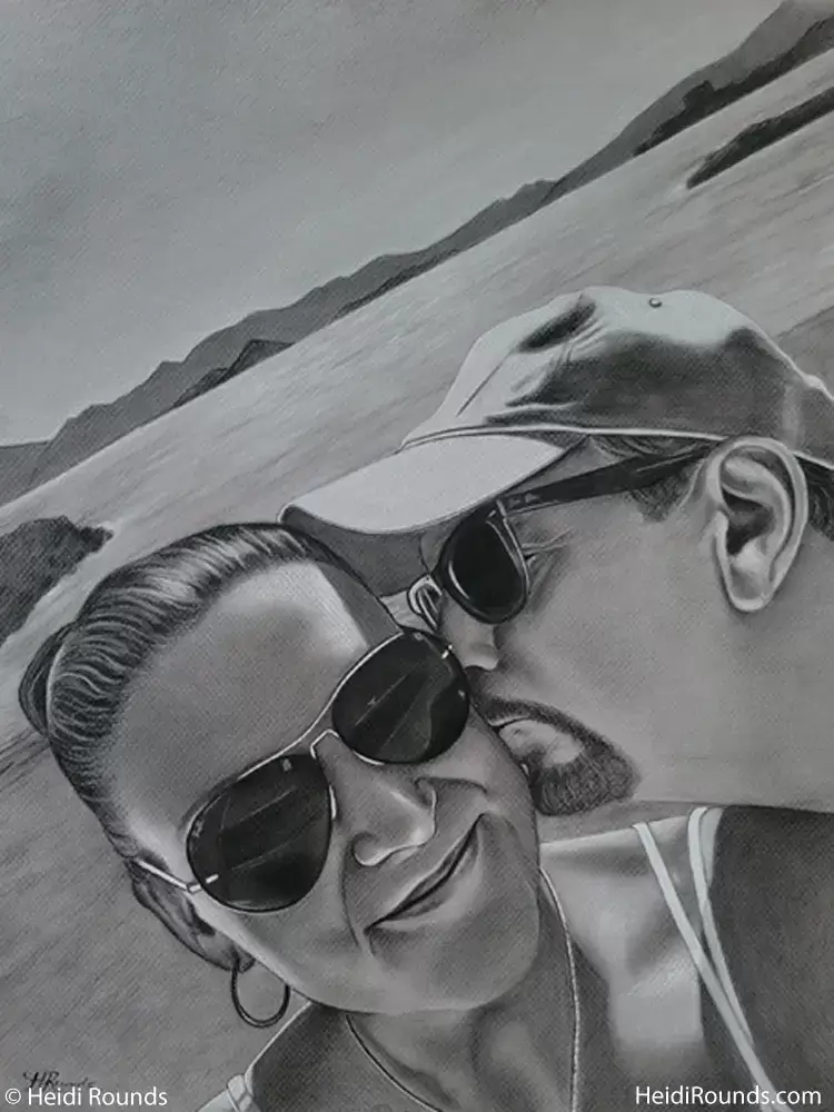Commissioned portrait drawing, charcoal/pastel portrait drawing on toned paper, a man and a woman in sunglasses on the beach, Heidi Rounds