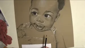 Photo-Realistic Drawing of a Baby Girl thumbnail, charcoal/pastel on toned paper, photorealistic drawing of a baby girl YouTube thumbnail by Heidi Rounds