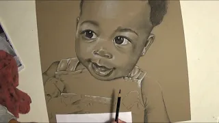 Photo-Realistic Drawing of a Baby Girl thumbnail, charcoal/pastel on toned paper, photorealistic drawing of a baby girl YouTube thumbnail by Heidi Rounds