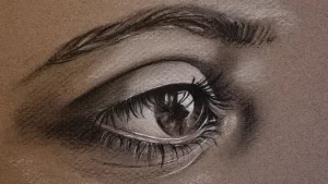 Drawing of a 3/4 View Eye, charcoal/pastel on toned paper, 3/4 view eye YouTube thumbnail by Heidi Rounds
