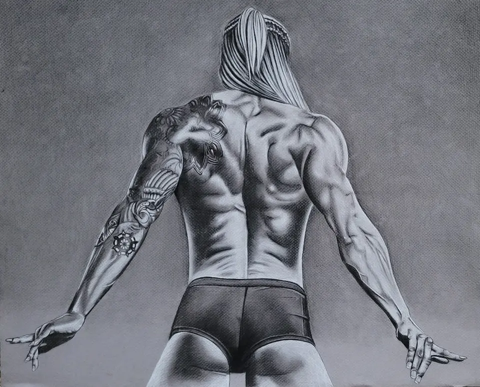 Commissioned portrait drawing of a Female Bodybuilder, 16 x 20 in charcoal/pastel portrait drawing on toned paper, a female bodybuilder posing from behind by Heidi Rounds