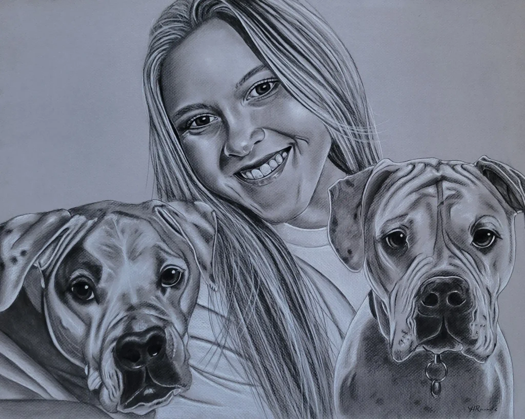 Commissioned Portrait Drawing of a Girl and Her Dogs, 12 x 15 in charcoal/pastel drawing on toned paper, a girl and her two dogs by Heidi Rounds.