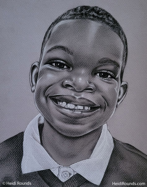 Commissioned Portrait Drawing of a Little Boy, 8 x 10 in charcoal/pastel on toned paper, drawing of a little boy in a collared shirt, Heidi Rounds.