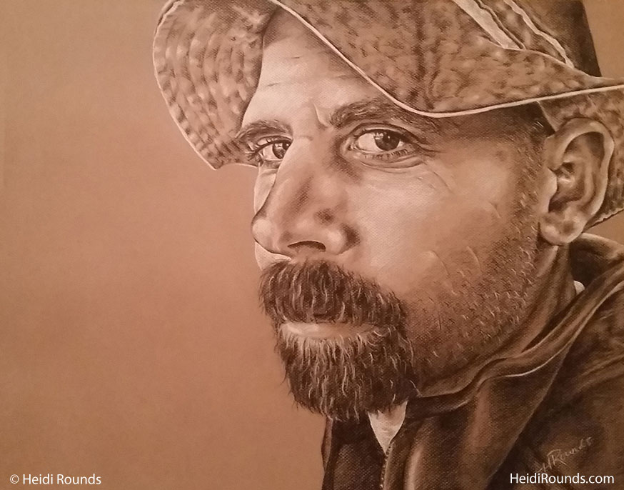Pull, charcoal/pastel portrait drawing on toned paper, a man in a hat, Heidi Rounds