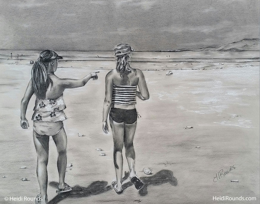 Salt Lake, charcoal/pastel drawing on toned paper, girls on the beach at Salt Lake, Heidi Rounds