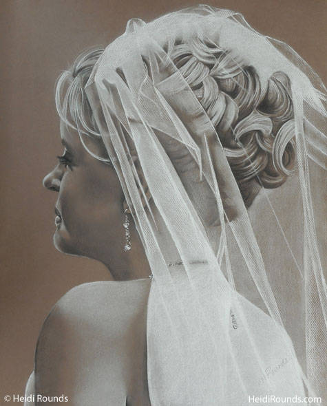 The Bride, charcoal/pastel portrait drawing on toned paper, a rear three-quarter view of a bride with a veil, Heidi Rounds, Heidi Rounds.