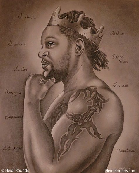 Commissioned Portrait Drawing, The King, charcoal/pastel on toned paper, commissioned portrait drawing of a black man with a crown, Heidi Rounds.