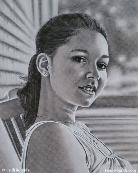 Commissioned Portrait Drawing of a Woman in a Chair, charcoal/pastel on toned paper, commissioned portrait drawing of a woman outside in a chair, Heidi Rounds.