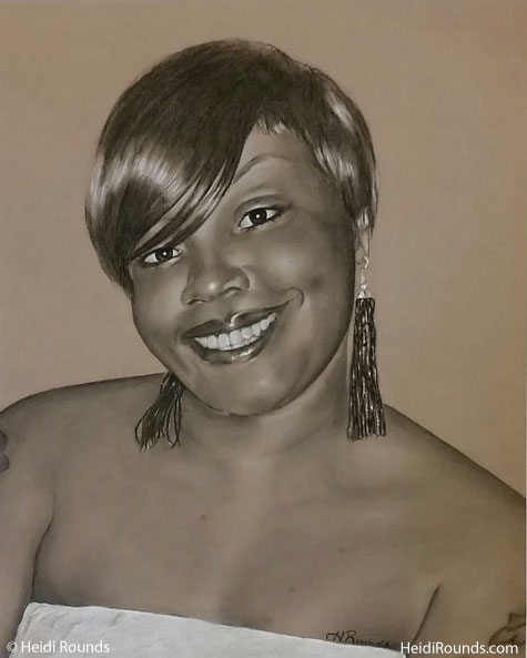 Commissioned Portrait Drawing of a Woman With Earrings, charcoal/pastel on toned paper, commissioned portrait drawing of a woman with earrings, Heidi Rounds.