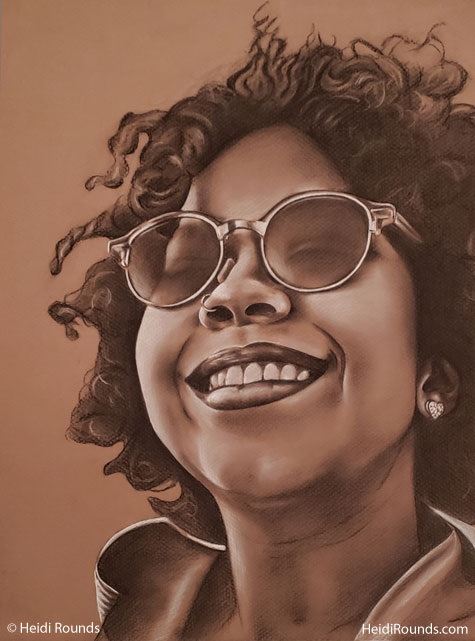 Commissioned Portrait Drawing of a Woman With Sunglasses, charcoal/pastel on toned paper, commissioned portrait drawing of a woman with sunglasses, Heidi Rounds.