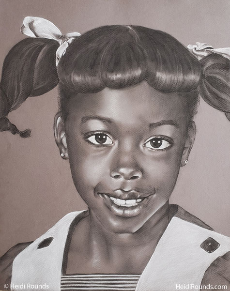 Commissioned Portrait Drawing of a Young Girl charcoal/pastel on toned paper, commissioned portrait drawing of a young girl with pigtails, Heidi Rounds.