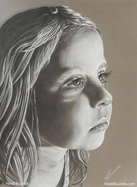 Into the Light charcoal/pastel drawing on toned paper, a little girl looking into the light, Heidi Rounds