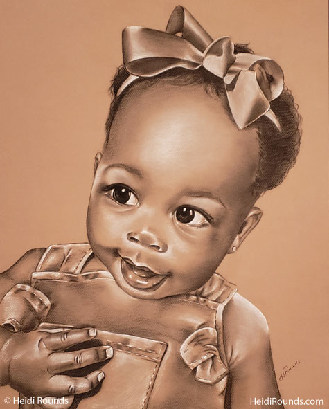 Commissioned Portrait Drawing of a Baby, charcoal/pastel on toned paper, a baby with a bow in her hair, Heidi Rounds