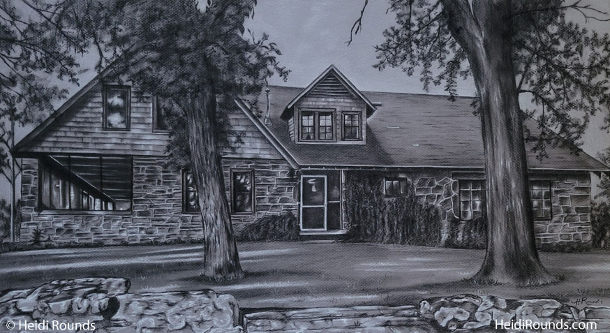 Commissioned Drawing of a Cabin, 14x24 in charcoal/pastel on toned paper, drawing of a cabin in the woods, Heidi Rounds