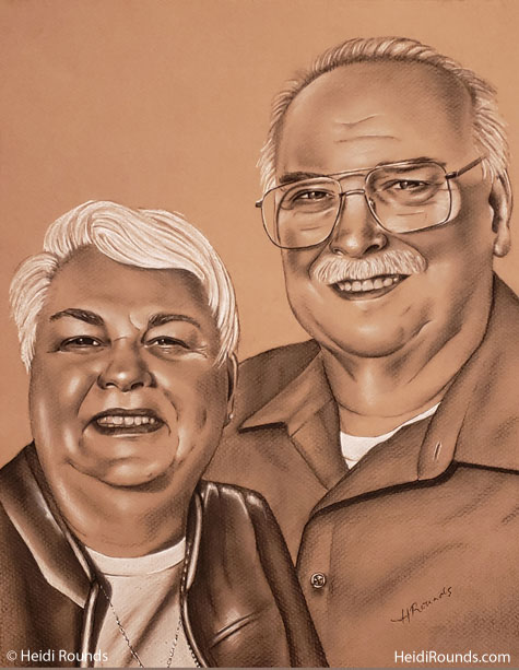 Commissioned Portrait Drawing of a couple, charcoal/pastel on toned paper, drawing of a happy older couple, Heidi Rounds.