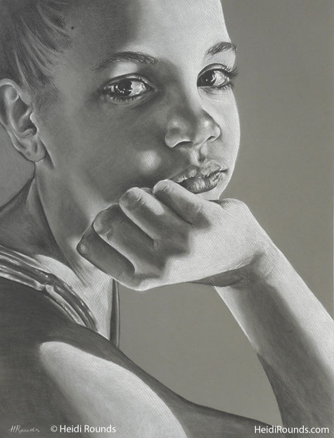 Defender, charcoal/pastel portrait drawing on toned paper, a girl with her chin resting on her hand, Heidi Rounds