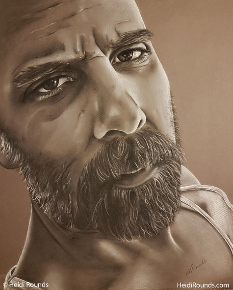 Enough, charcoal/pastel portrait drawing on toned paper, a man who has had enough, Heidi Rounds