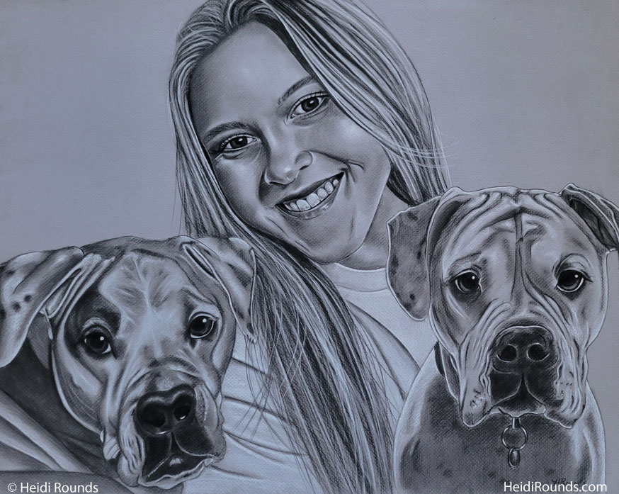 Commissioned Portrait Drawing of a Girl and Her Dogs, 12 x 15 in charcoal/pastel drawing on toned paper, a girl and her two dogs, Heidi Rounds