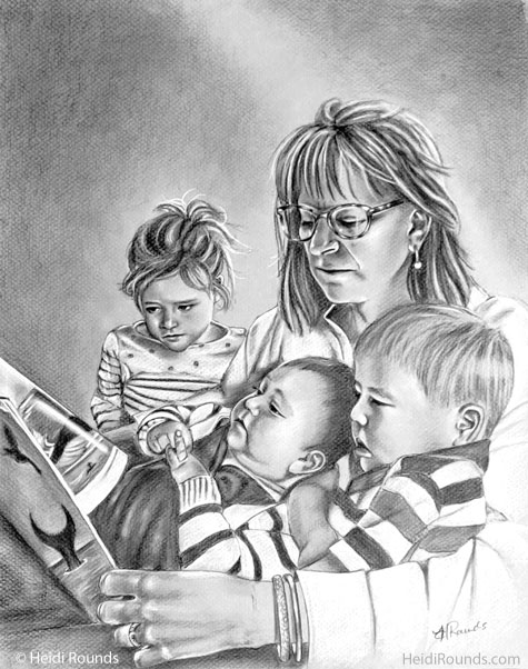 Commissioned Portrait Drawing of a Grandmother Reading to her Three Grandchildren, 12x15 in, charcoal/pastel on toned paper, drawing of a grandmother reading to her three grandchildren, Heidi Rounds