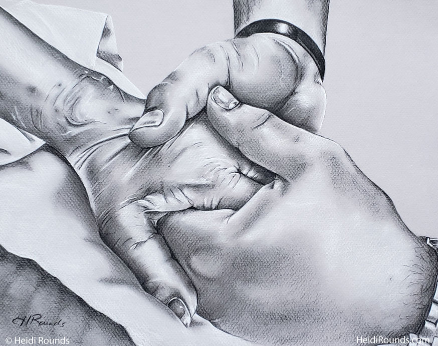 Commissioned Drawing of a Touching Tribute, charcoal/pastel on toned paper, drawing of young hands holding an older person's hand, Heidi Rounds.