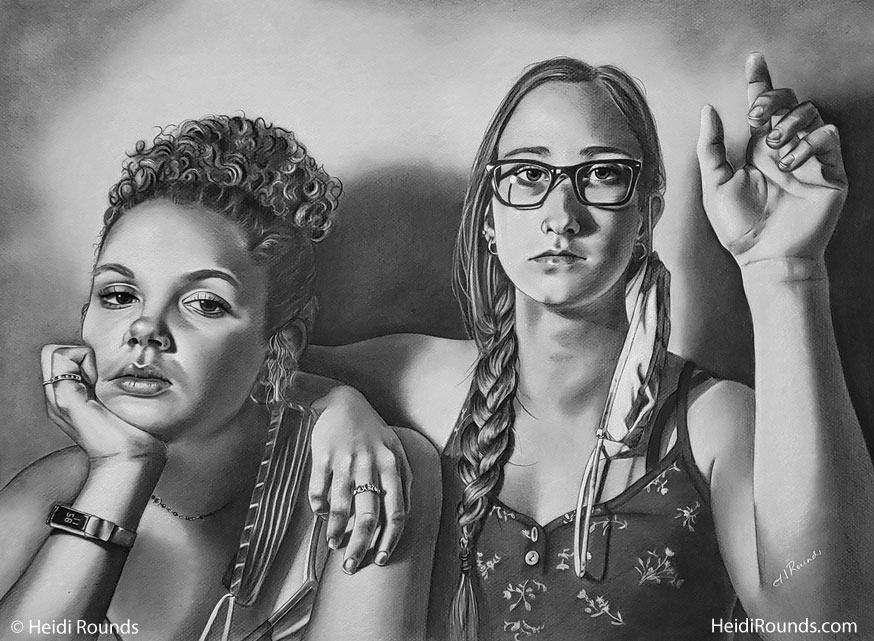 We Have a Question, charcoal/pastel portrait drawing on toned paper, two young women with masks questioning the state of the world, Heidi Rounds