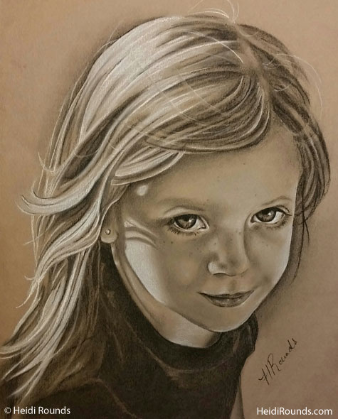 Commissioned Portrait Drawing of a Little Girl, charcoal/pastel on toned paper, a pretty little girl looking up and smiling, Heidi Rounds