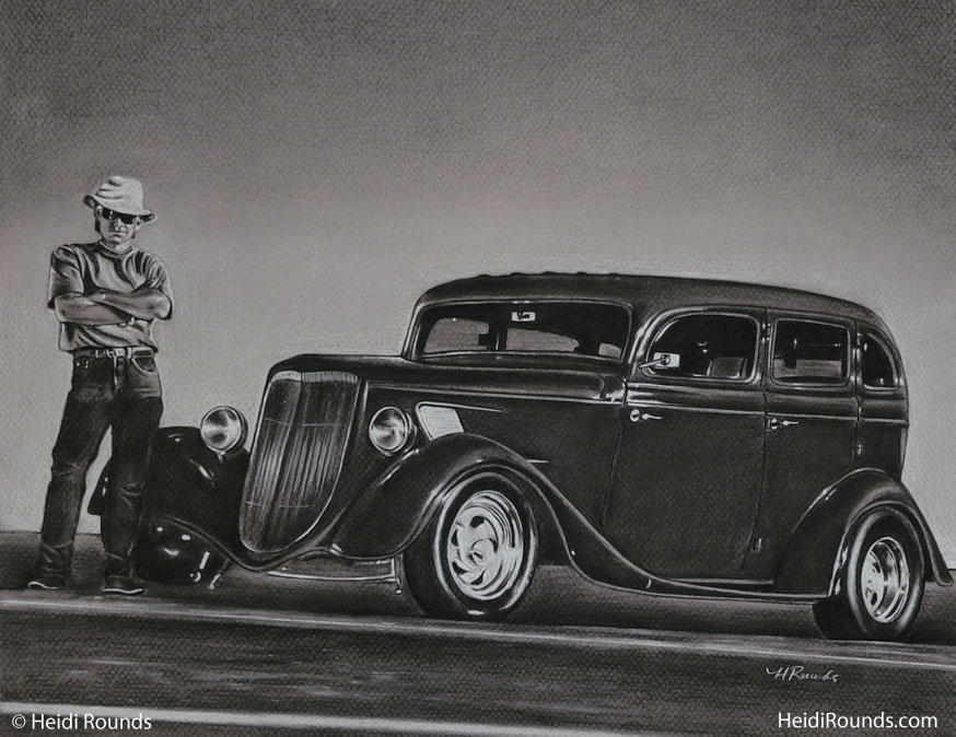 Commissioned Drawing of a Man With a Car, charcoal/pastel on toned paper, drawing of a man in a hat standing beside a classic ford automobile, Heidi Rounds.