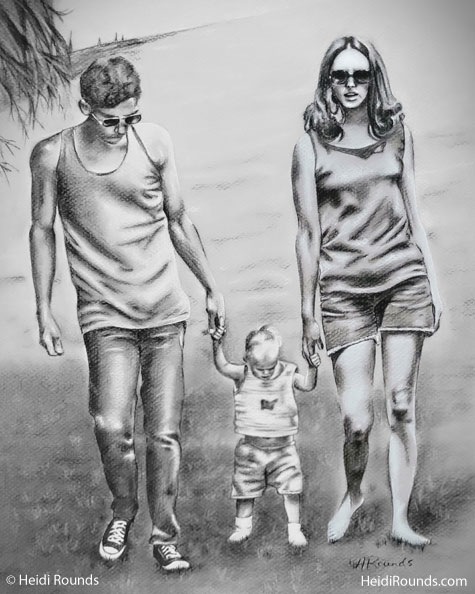 Commissioned Portrait Drawing of Two Young Parents Walking With Their Toddler, charcoal/pastel on toned paper, portrait drawing of two young parents walking with their toddler, Heidi Rounds.