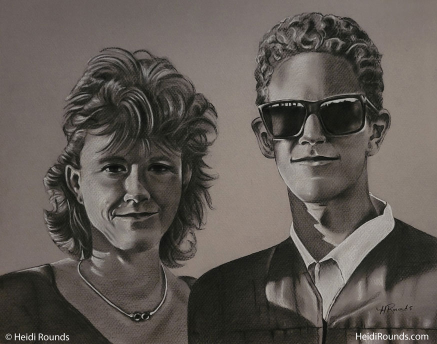Commissioned Portrait Drawing of a Mother and Son at Graduation, charcoal/pastel on toned paper, commissioned portrait drawing of a proud mother standing next to her son at his graduation, Heidi Rounds.