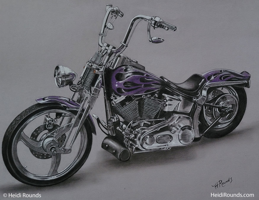 Commissioned Drawing of a Harley Davidson, charcoal/pastel on toned paper, drawing of a purple Harley Davidson motorcycle, Heidi Rounds.