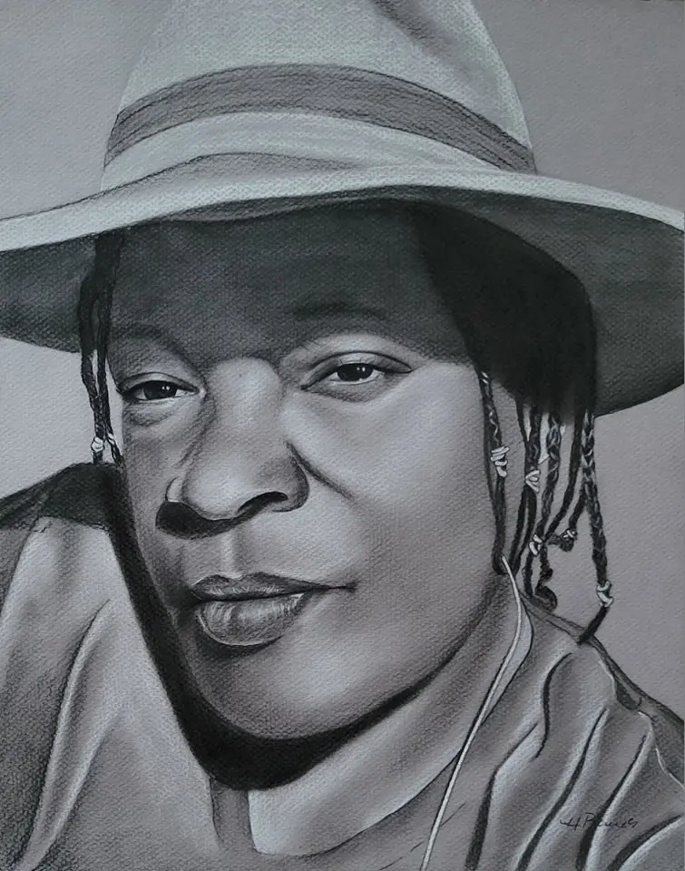 Commissioned Portrait Drawing of A Woman in a Hat, 12 x 15 in charcoal/pastel drawing on toned paper, portrait drawing of a woman in a hat by Heidi Rounds.