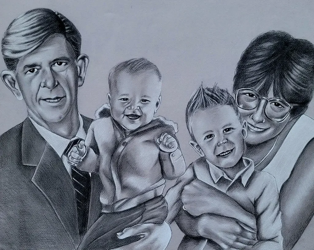 Commissioned Portrait Drawing of Grandparents with their Grandchildren, 16 x 20 in charcoal/pastel drawing on toned paper, portrait drawing of happy grandparents with their two grandchildren by Heidi Rounds.