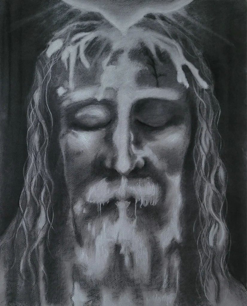 Commissioned Drawing of the Shroud of Turin, charcoal/pastel on toned paper, drawing of the Shroud of Turn by Heidi Rounds.