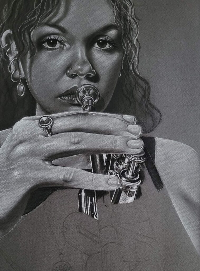 Update on trumpet drawing by Heidi Rounds