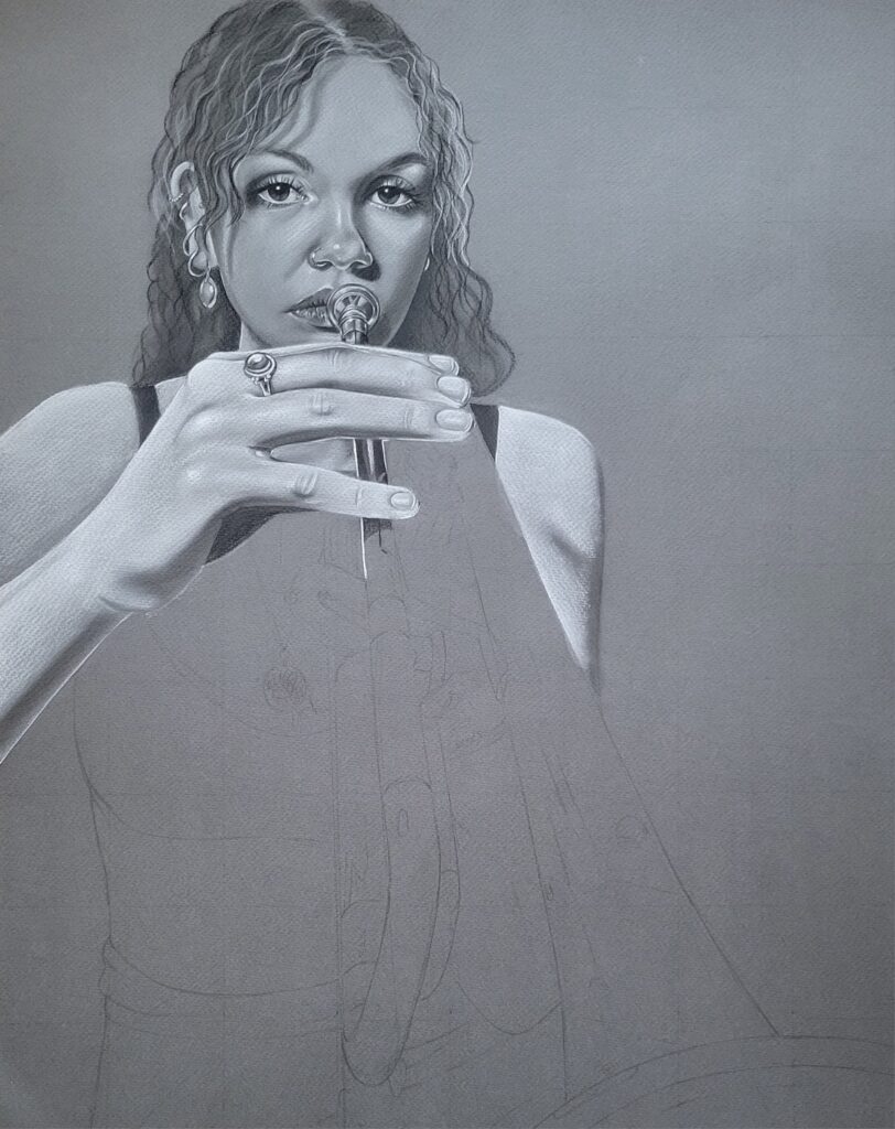 Update on trumpet drawing by Heidi Rounds