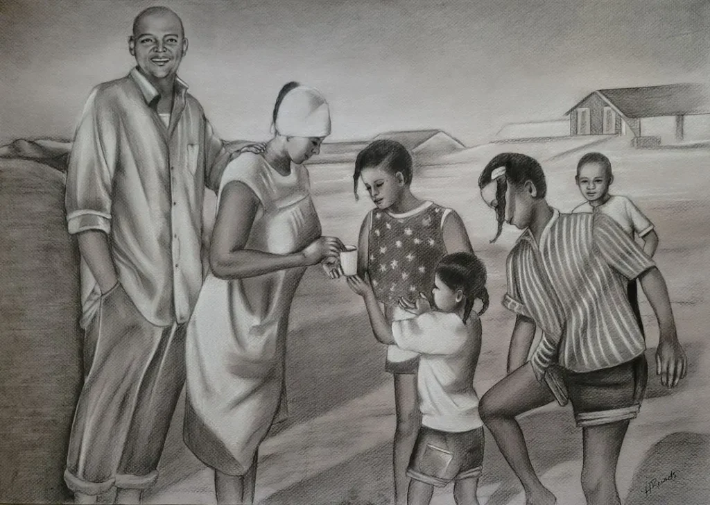 Commissioned Portrait Drawing of a Family on the Beach, Charcoal/pastel on toned paper, a family of six on the beach by Heidi Rounds.
