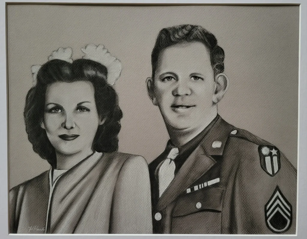 Commissioned Portrait Drawing of a Sergeant and His Wife, 12x15 in, charcoal/pastel on toned paper, a young sergeant and his wife circa 1950 by Heidi Rounds.