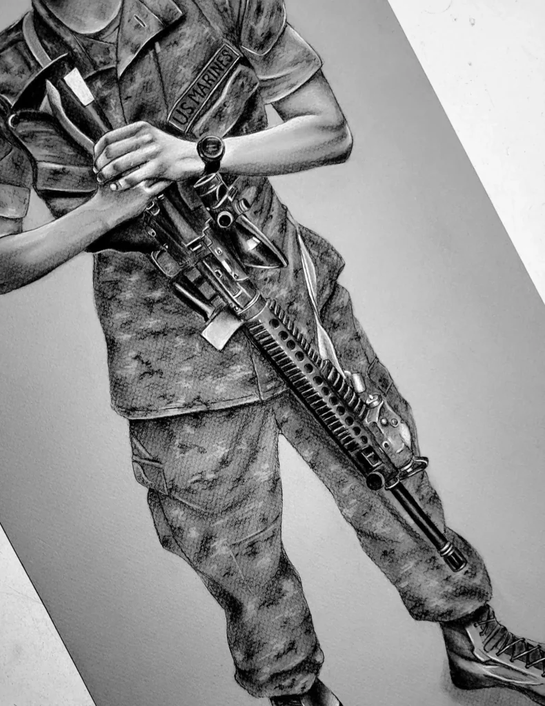 Commissioned Portrait Drawing of a US Marine, charcoal/pastel drawing on toned paper, a United States Marine in camouflage holding his weapon by Heidi Rounds