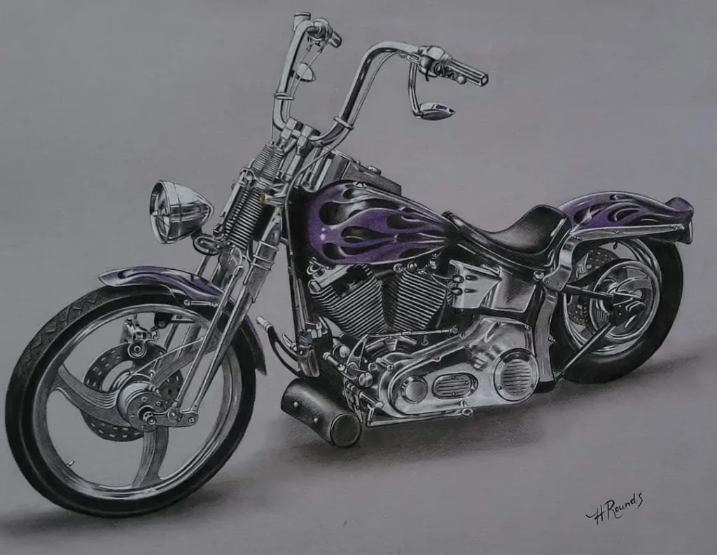 Commissioned Drawing of a Harley Davidson, charcoal/pastel on toned paper, drawing of a purple Harley Davidson motorcycle by Heidi Rounds.