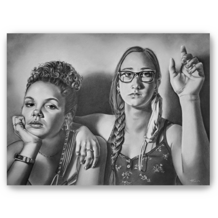 100 Seconds to Midnight, charcoal/pastel portrait drawing on toned paper, fine art print, two young women with masks questioning the state of the world, Heidi Rounds