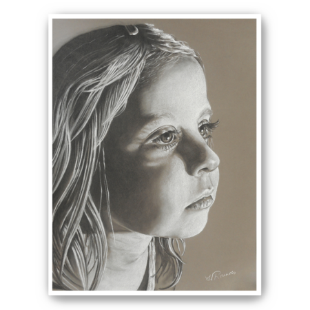 Into the Light charcoal/pastel drawing on toned paper, fine art print, a little girl looking into the light, Heidi Rounds