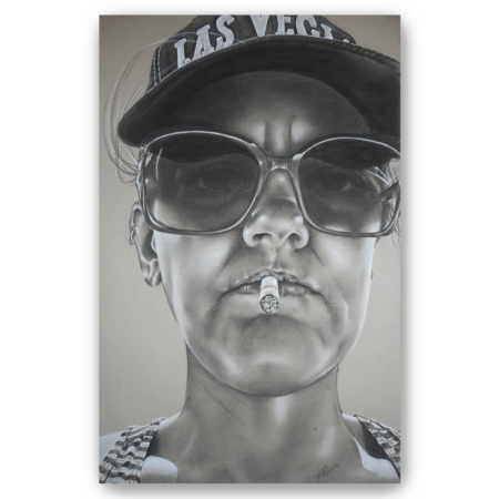 All Kinds of Wrong (Self Portrait), charcoal/pastel drawing on toned paper, fine art print, self portrait of the artist in a Las Vegas cap with sunglasses and a cigarette hanging out of her mouth, Heidi Rounds