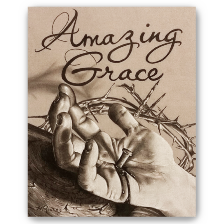 Amazing Grace, charcoal/pastel drawing on toned paper, fine art print, the hand of Jesus nailed to the cross with acrown of thorns in the background and the words "Amazing Grace" above, Heidi Rounds