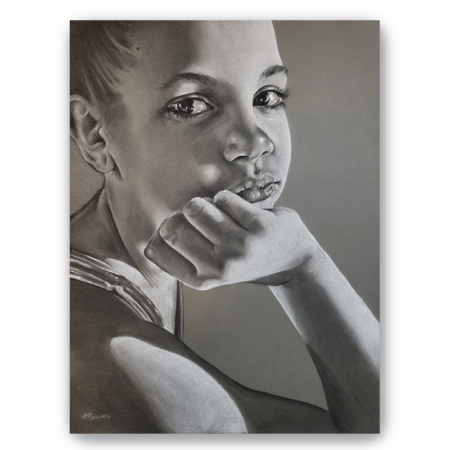 Defender, charcoal/pastel portrait drawing on toned paper, fine art print, a girl with her chin resting on her hand, Heidi Rounds