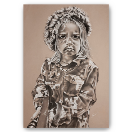 New America, charcoal/pastel drawing on toned paper, fine art print, a little girl in camouflage with a gun, Heidi Rounds