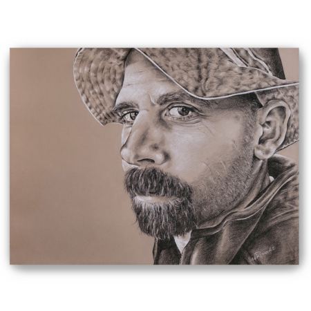Pull, charcoal/pastel portrait drawing on toned paper, fine art print, a man in a hat, Heidi Rounds