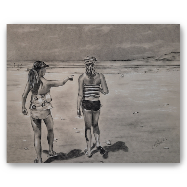 Salt Lake, charcoal/pastel drawing on toned paper, fine art print, girls on the beach at Salt Lake, Heidi Rounds